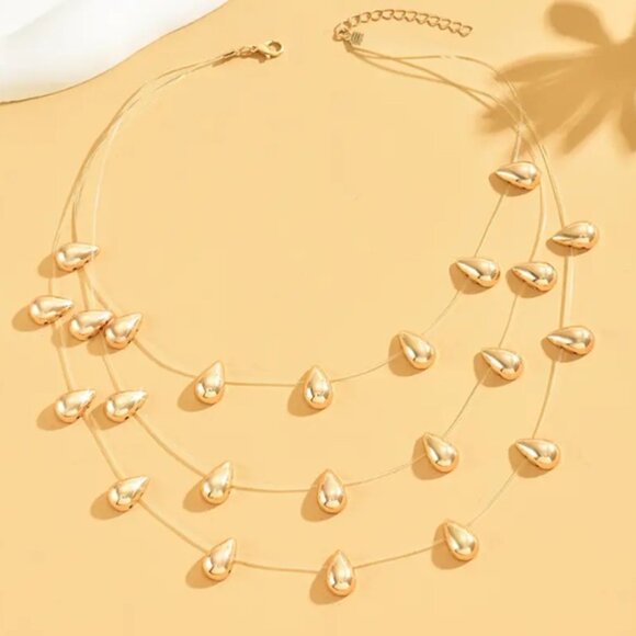 Three Multi-Layered Gold Electro-Plated Teardrop Pendant Necklace - Picture 3 of 3
